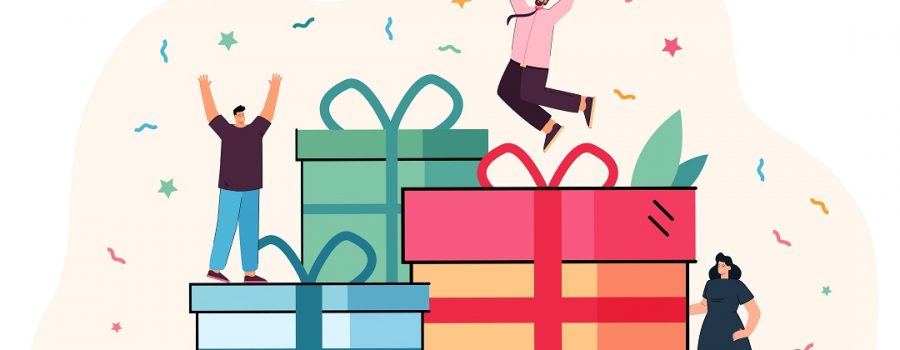 Happy tiny customers with reward, prizes for good job or gifts. Winners people jumping on present boxes with confetti flat vector illustration. Experience, birthday celebration, special bonus concept